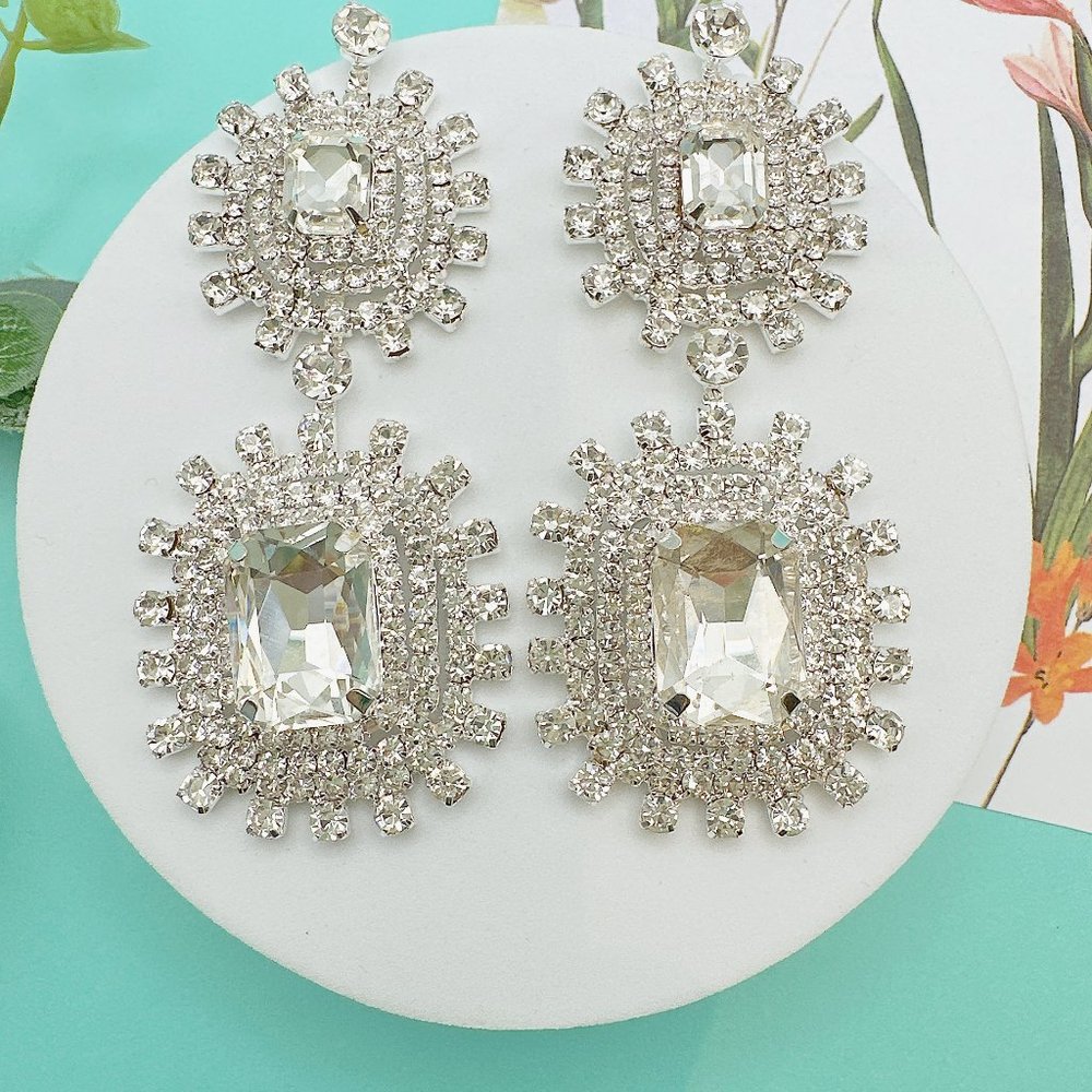 Silver Tone Deco Glam Bridal Chandelier Earrings
